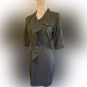 Unique Blackish Green Belted V-Neck Women's Boutique Dress